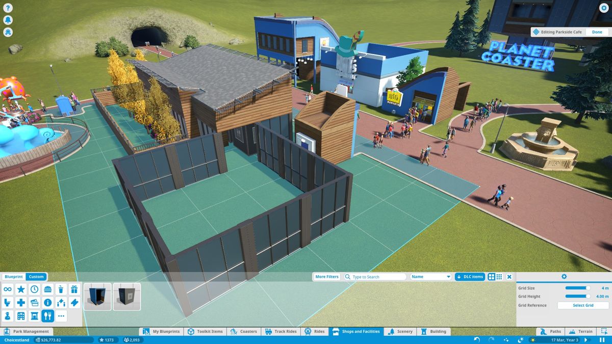 Planet Coaster (Windows) screenshot: Creating more space in a restaurant can be done by creating extensions and then placing vendors in the new space.