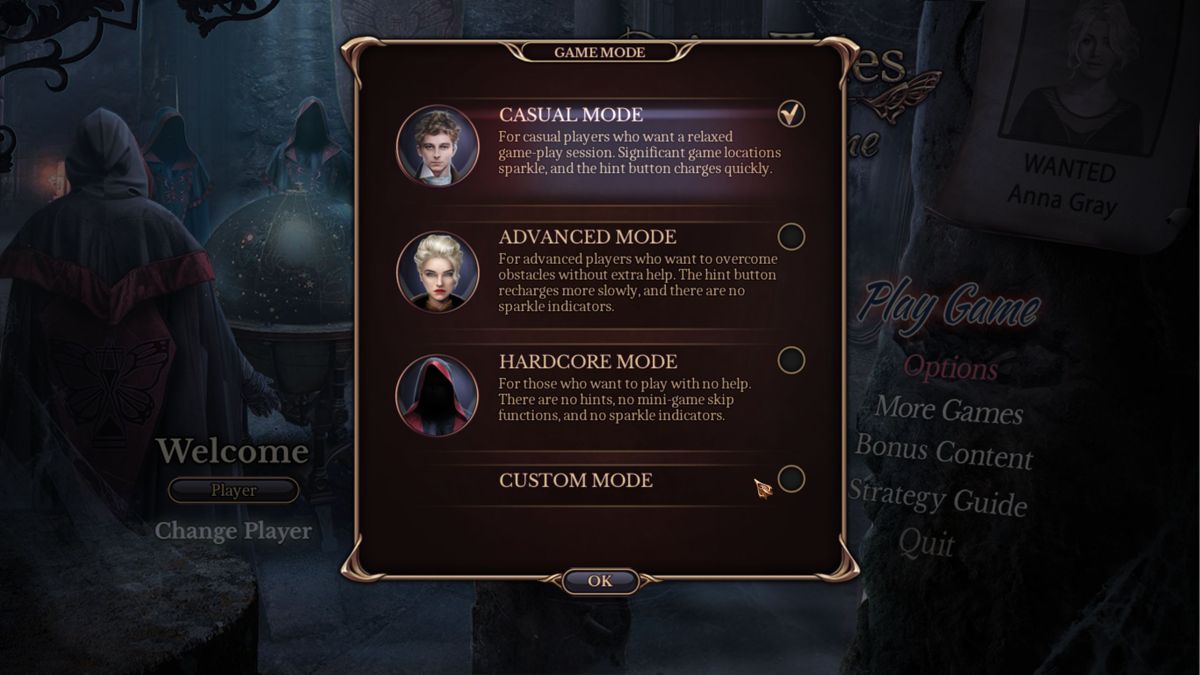 Grim Tales: Trace in Time (Collector's Edition) (Windows) screenshot: There are four difficulty settings <br><br>Big Fish Games demo version
