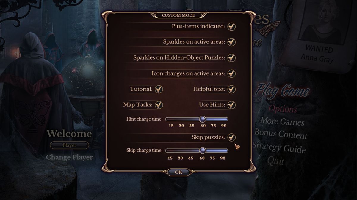 Grim Tales: Trace in Time (Collector's Edition) (Windows) screenshot: These are the options available in the Custom difficulty setting <br><br>Big Fish Games demo version