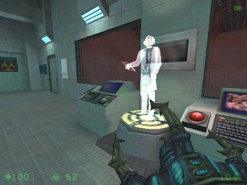 Half-Life: Opposing Force (Windows) screenshot: A hologram that'll inform you about untested alien weapon-creature you can have, just next door.