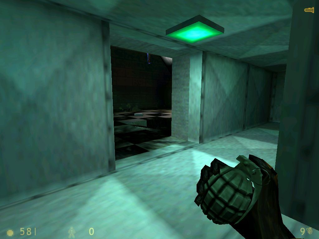 Half-Life (Windows) screenshot: Half-Life popularized such vent-crawling. With a grenade in my hands, I witness electric effects and utter destruction in the room