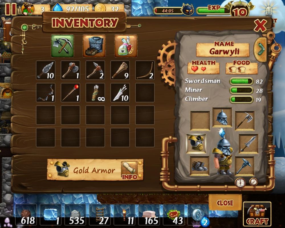 Craft the World (Windows) screenshot: Inventory screen of one of the dwarfs. This dwarf is quite heavily armored.