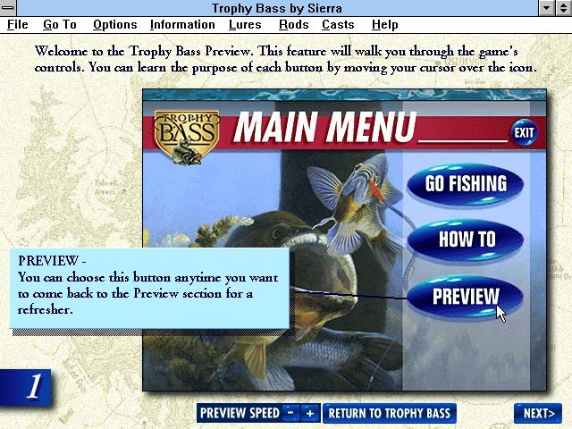 Trophy Bass (Windows 3.x) screenshot: Help on the game