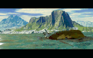 The Settlers II: Veni, Vidi, Vici (DOS) screenshot: (Intro) Shipwrecked, you must settle on the unexplored island to survive.