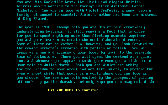 Murder at The Folkestone Inn (DOS) screenshot: The game's backstory is covered on one and a half screens - this is the first