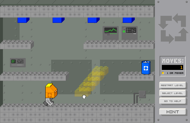 Junkbot (Browser) screenshot: Moving the stairs so Junkbot can climb up to the trash can.
