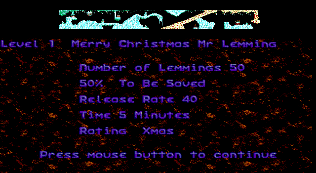 Xmas Lemmings (DOS) screenshot: Level Intro (EGA)