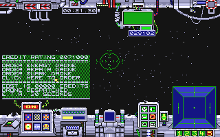 Deep Space (Atari ST) screenshot: Ordering resupply drones through the strix fighter's computer interface. Once they arrive, they sit still and have to be scooped up.