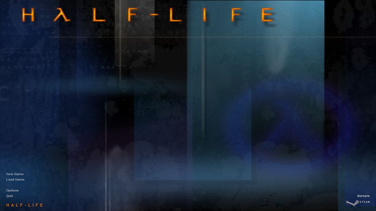 Half-Life: Blue Shift (Windows) screenshot: Main menu (Steam release). Now featuring native widescreen support, but the Blue Shift subtitle is missing.