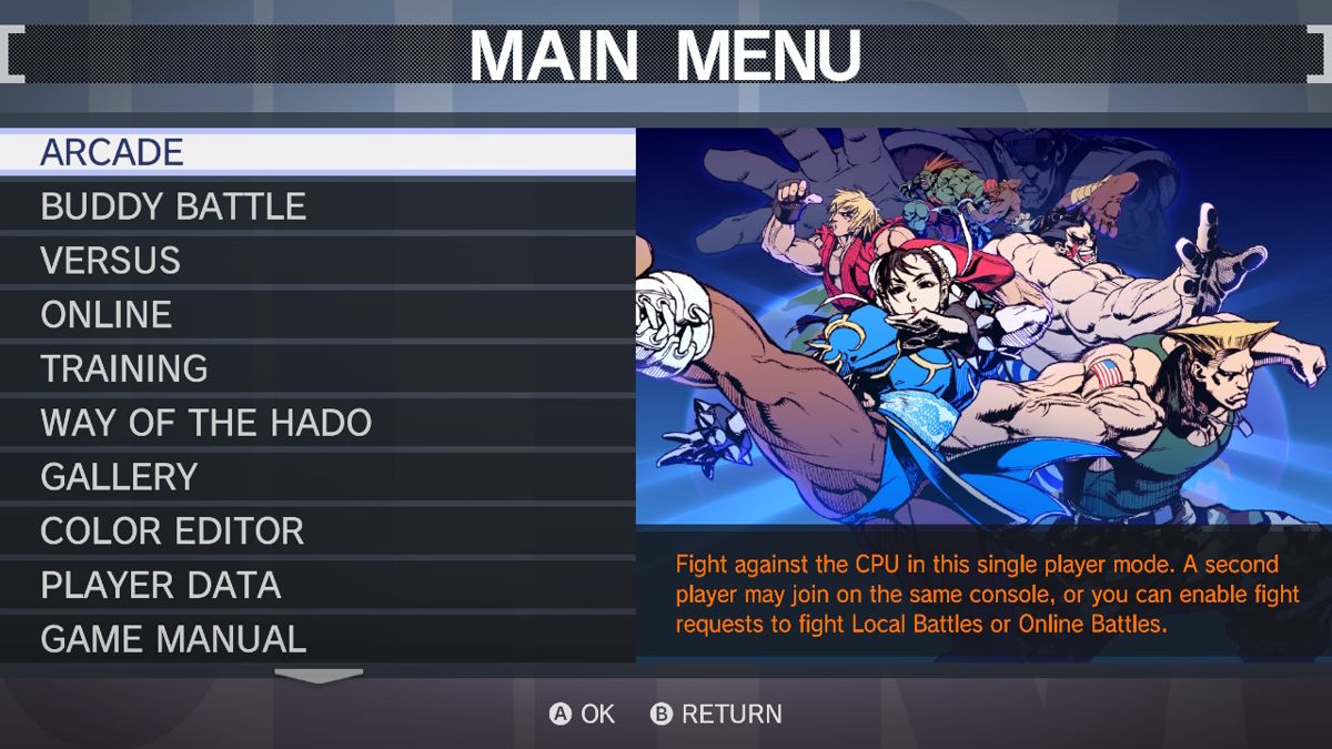 Ultra Street Fighter II: The Final Challengers (Nintendo Switch) screenshot: Menu screen