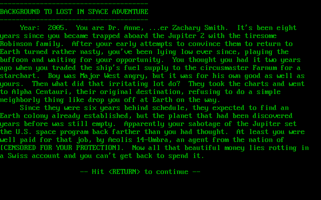 Lost in Space: Dr. Smith Goes Home (DOS) screenshot: The first of two screens giving the setting of the game