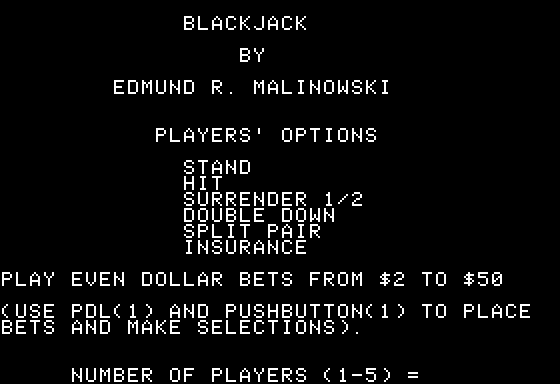 Blackjack (Apple II) screenshot: Title Screen