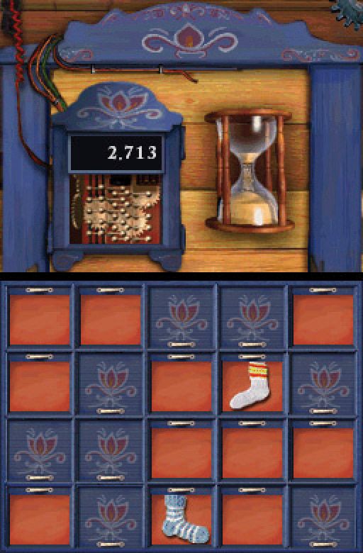 Flåklypa Grand Prix (Nintendo DS) screenshot: Drawer-Of-All-Socks: Let us play a game of memory and see how quickly you can remember where you saw which object and pair them up!