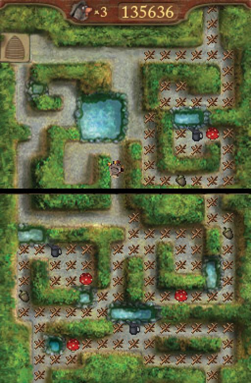 Flåklypa Grand Prix (Nintendo DS) screenshot: Lambert's Labyrinth: Lambert is looking for some honey, and has to find his way through the maze. He also has to bring along everything he can pick up along the way. But watch out for the bees!