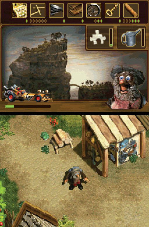 Flåklypa Grand Prix (Nintendo DS) screenshot: In game adventuring! - At the top of Flåklypa you should try out some of the games and the adventures you can find. Try finding some new car parts sounds like a good idea!