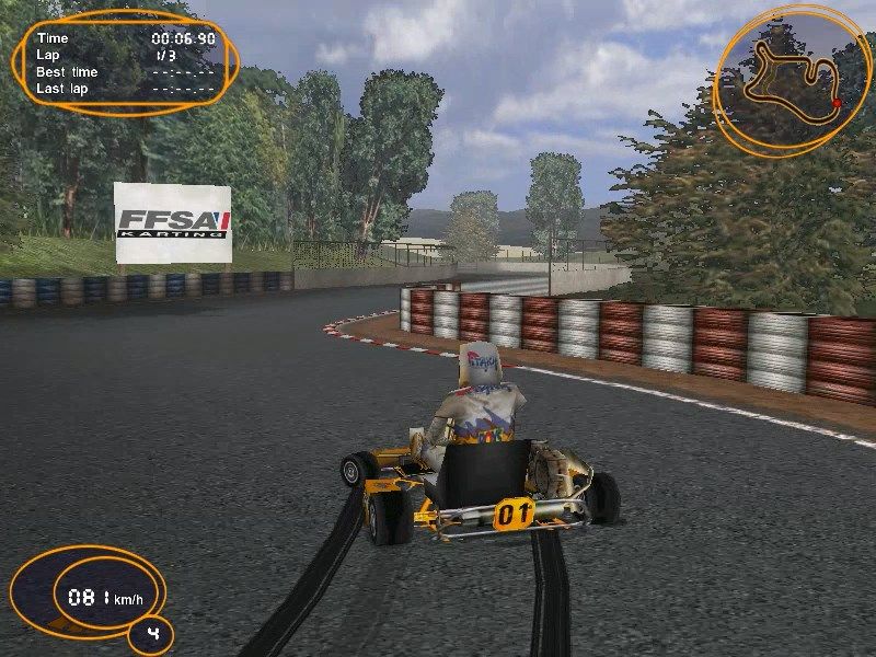Open Kart (Windows) screenshot: Tires won't last this kind of driving very long