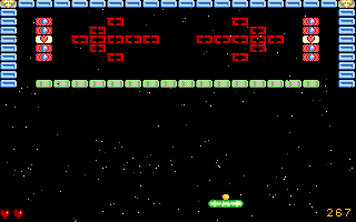 Blockage (DOS) screenshot: Level 2. The light green blocks will respawn shortly after being destroyed.