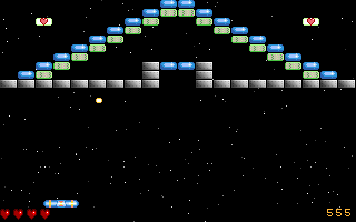 Blockage (DOS) screenshot: Level 3 introduces grey steel blocks that cannot be destroyed, and durable blue blocks that take a few hits to remove.