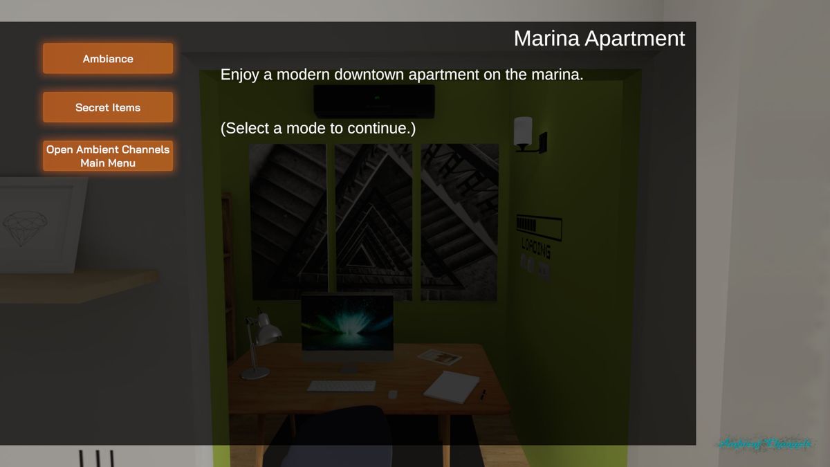 Ambient Channels: Downtown - Marina Apartments (Windows) screenshot: Once loaded this menu is displayed. "Ambiance" just floats around the apartment while "Secret Items" is the hunt-the-object game