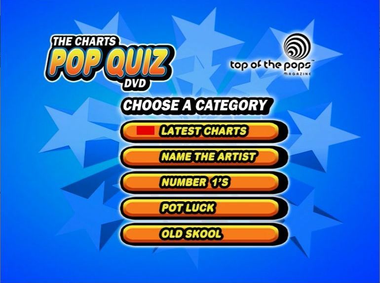 The Charts Pop Quiz DVD (DVD Player) screenshot: The category selection screen