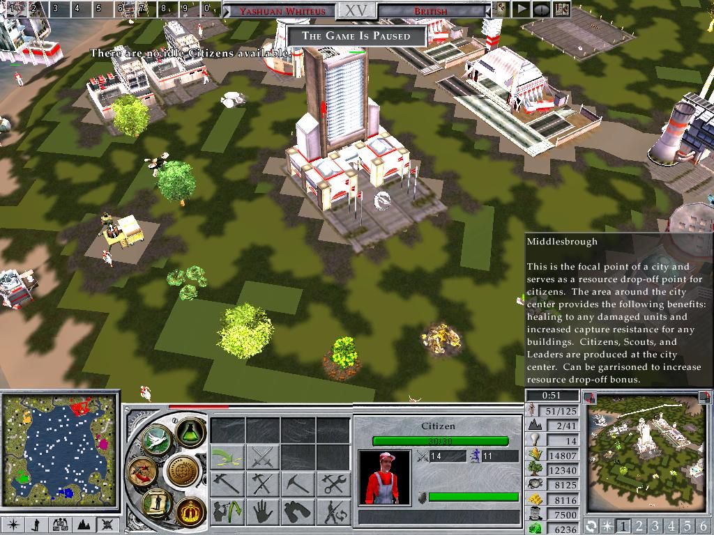 Empire Earth II (Windows) screenshot: A little while latter in that game. The "there are no idle citizens available" is shown.