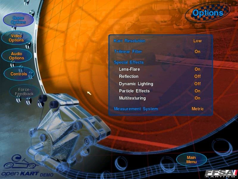 Open Kart (Windows) screenshot: Options menu, here with general game settings