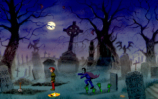 Curse of Enchantia (DOS) screenshot: Dracula coming to dine on Brad in creepy cemetery