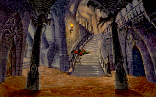 Curse of Enchantia (DOS) screenshot: These stairs teach Brad how to fly (temporarily)