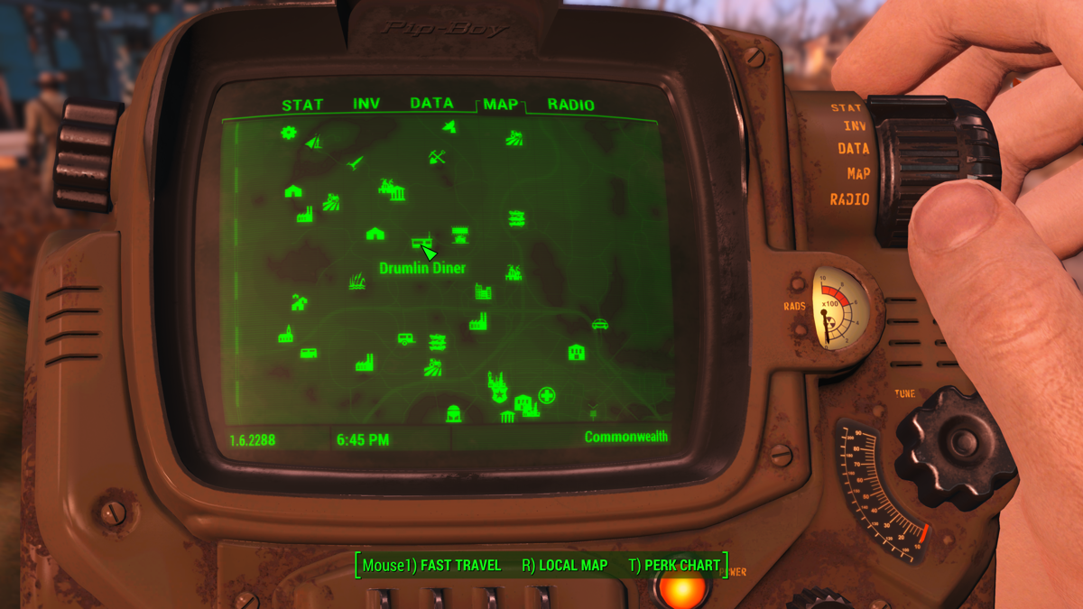 Fallout 4 (Windows Apps) screenshot: The Pip-Boy gives the player access to the map, radio and their inventory.