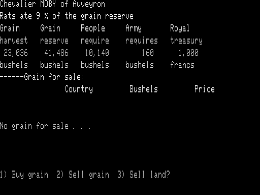 Empire (TRS-80) screenshot: Managing Grain and Land