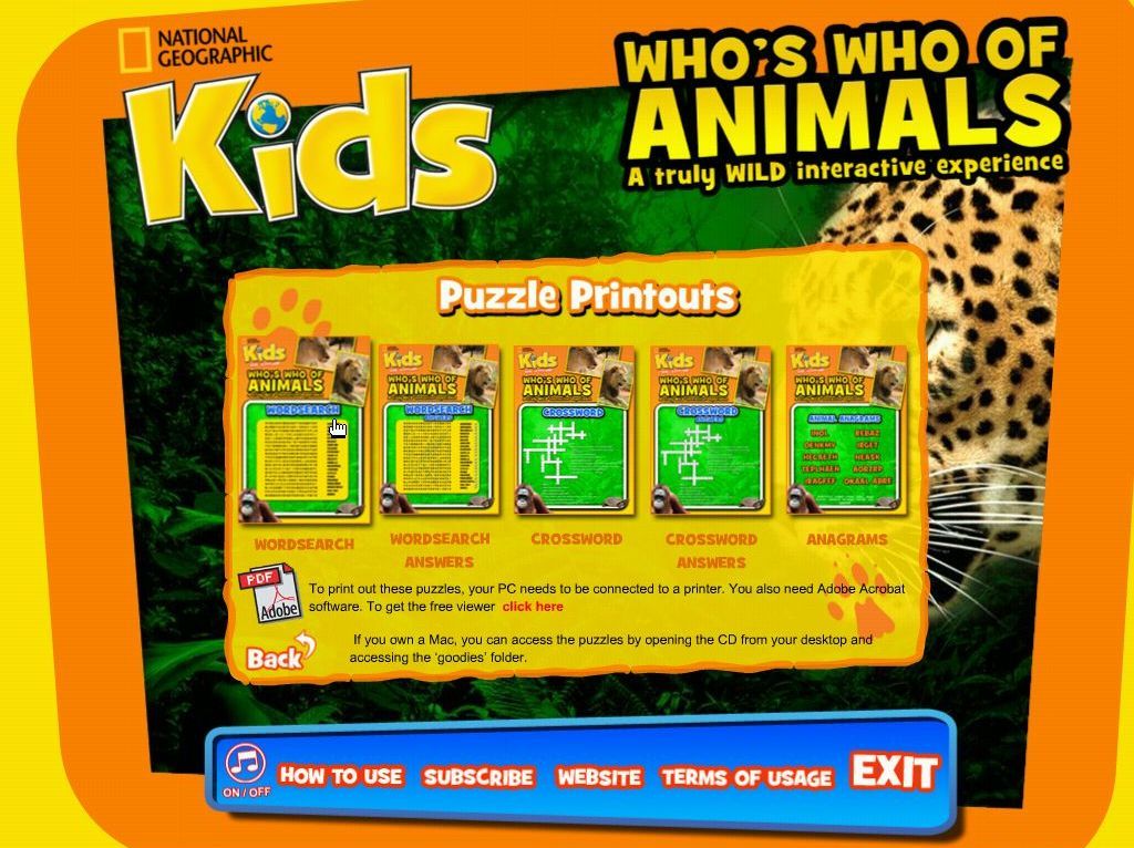 Who's Who Of Animals: A Truly Wild Interactive Experience (Windows) screenshot: The printable puzzles