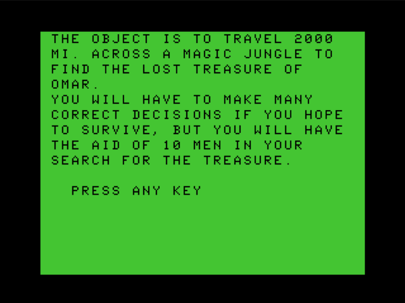Welcome to the Jungle (TRS-80 CoCo) screenshot: The Story