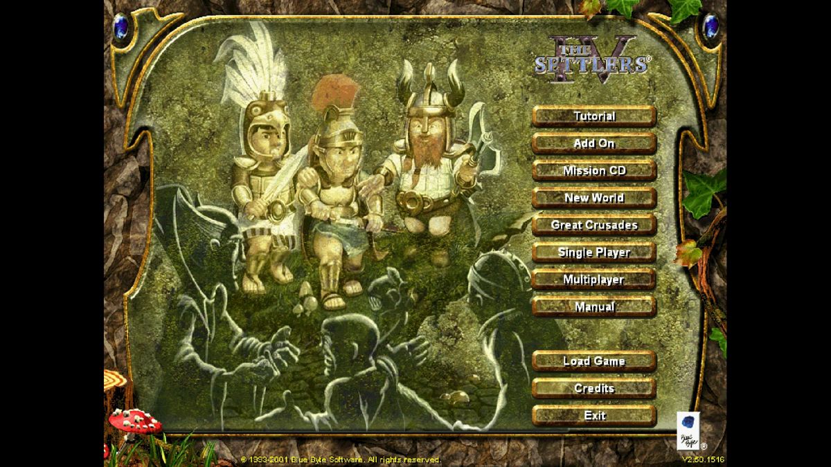 The Settlers IV: History Edition (Windows) screenshot: The main menu is largely unchanged, but the New World and Community Pack (here called Great Crusades) make their non-German debut