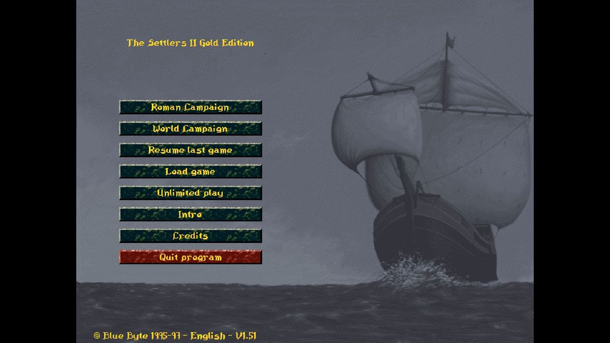 The Settlers II: Veni, Vidi, Vici - History Edition (Windows) screenshot: The main menu has not been changed, but it is stretched to a higher resolution