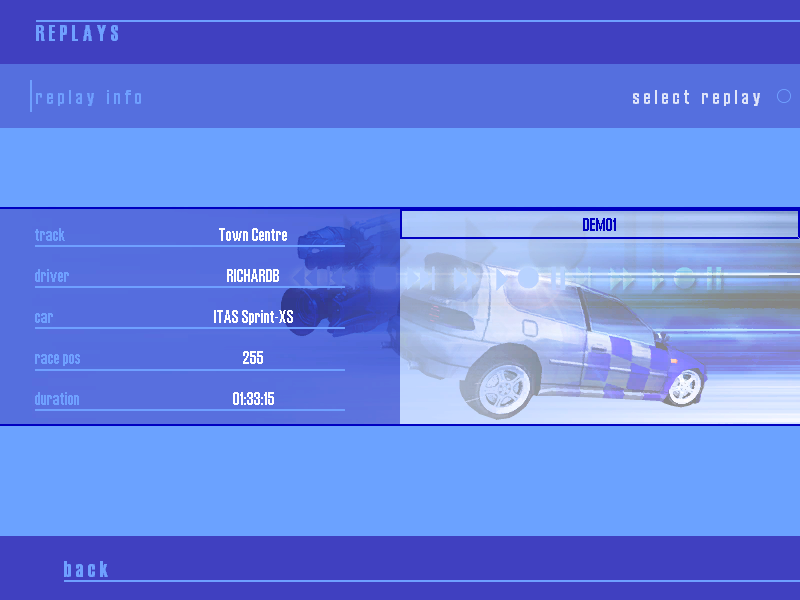 eRacer (Windows) screenshot: Replays mode menu - each replay has info about track, driver etc.