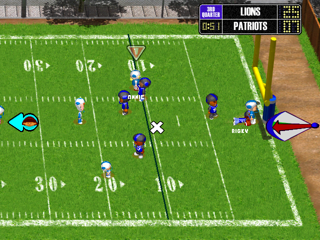 Backyard Football 2002 (Windows) screenshot: And brings the kicker down to safety. Ha, get it, safety, ehh...I'm sorry, I'm not doing that again.