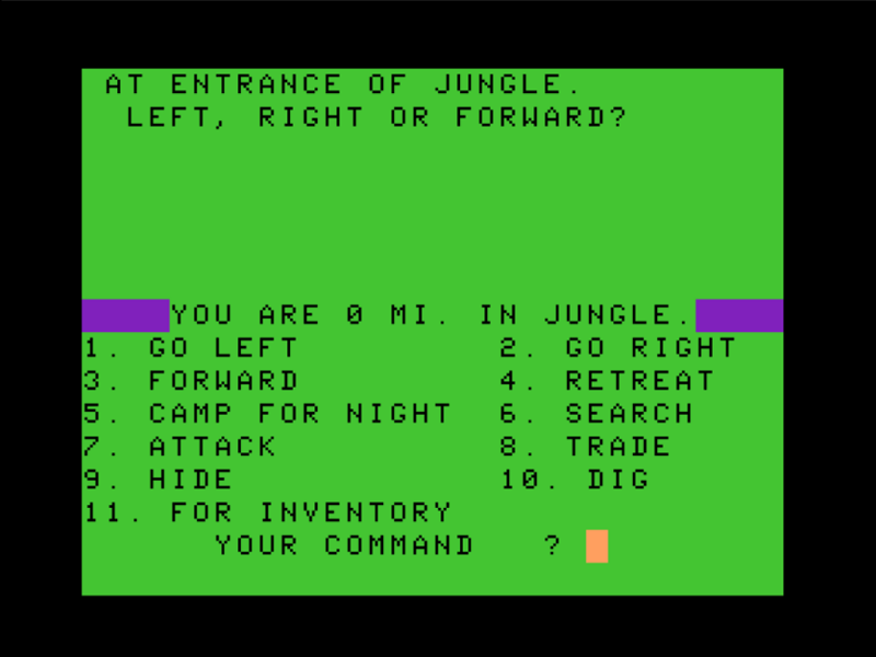 Welcome to the Jungle (TRS-80 CoCo) screenshot: Starting my Adventure