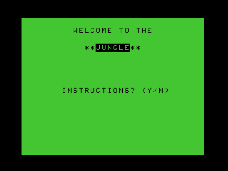 Welcome to the Jungle (TRS-80 CoCo) screenshot: Title Screen