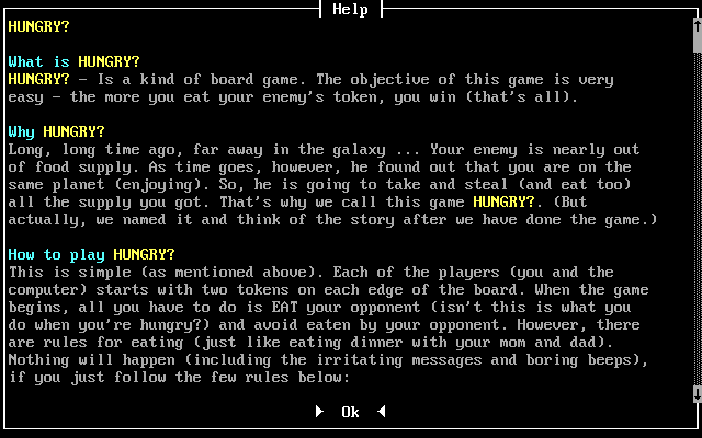 Hungry? (DOS) screenshot: Help screen, complete with a story