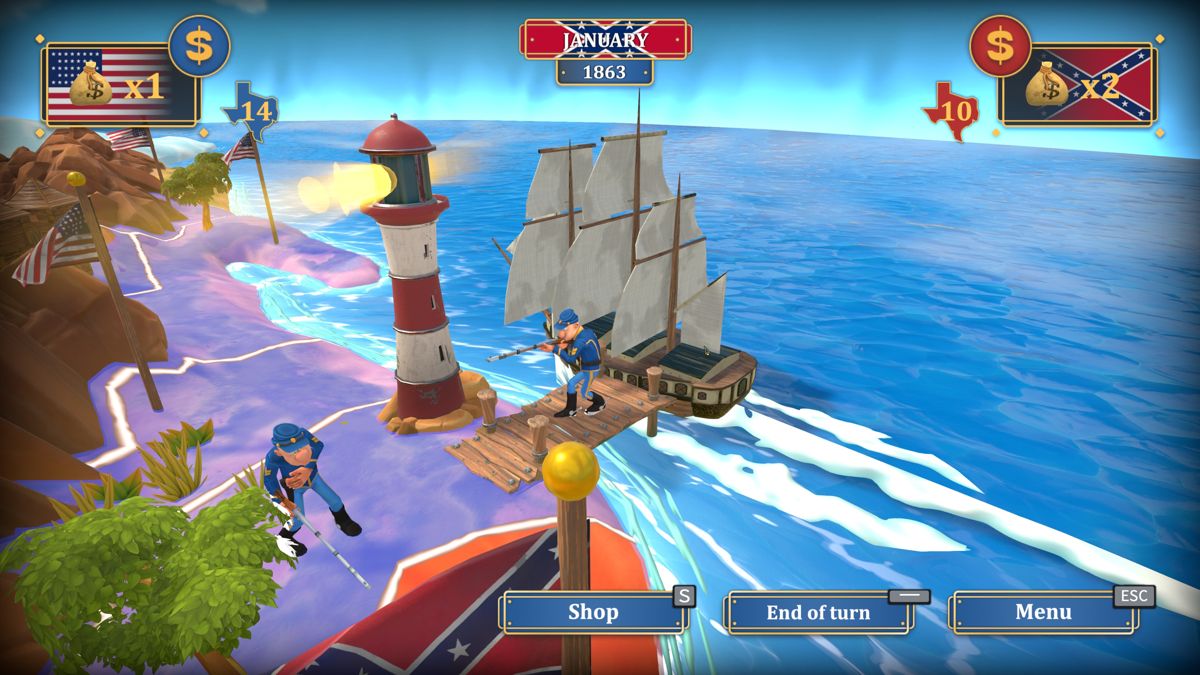 The Bluecoats: North & South (Windows) screenshot: Having the lighthouse area is crucial as it will regularly bring new troops by boat to whoever owns the land