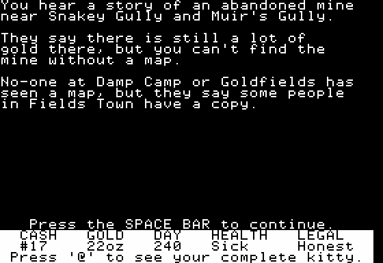 Goldfields (Apple II) screenshot: Looking for Mining Secrets