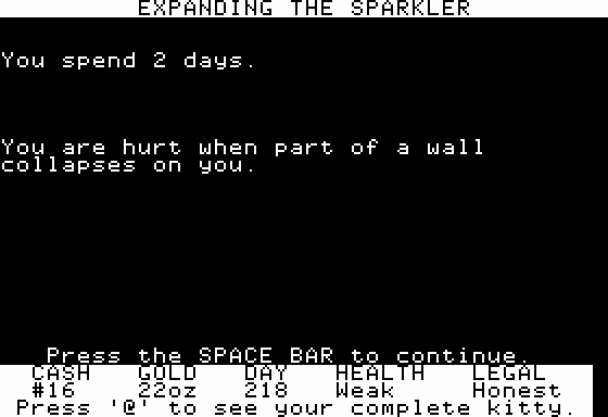 Goldfields (Apple II) screenshot: Injured in a Mine Collapse