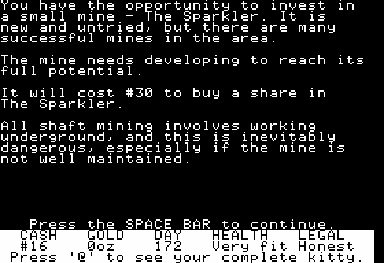 Goldfields (Apple II) screenshot: Mine Investing