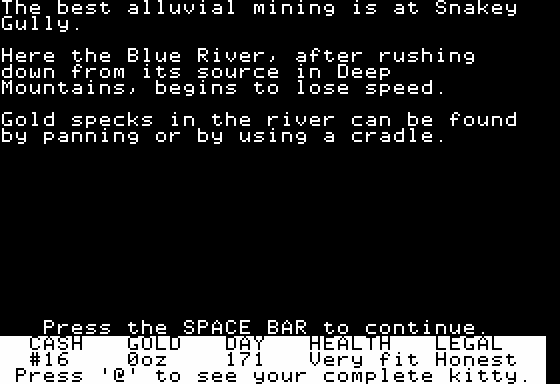 Goldfields (Apple II) screenshot: Alluvial Mining