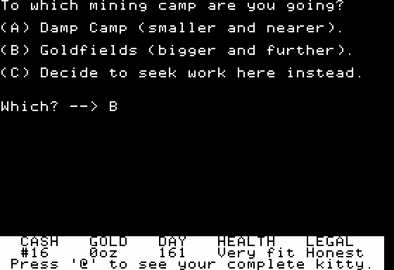 Goldfields (Apple II) screenshot: Heading to a Mining Camp