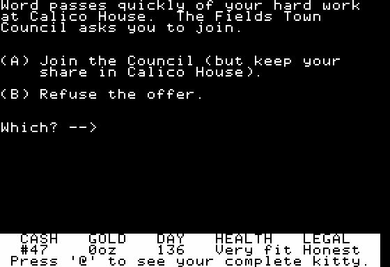 Goldfields (Apple II) screenshot: Joining the Town Council