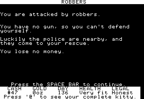 Goldfields (Apple II) screenshot: Attacked by Robbers