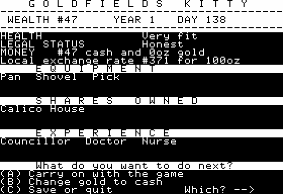Goldfields (Apple II) screenshot: My Current Statistics