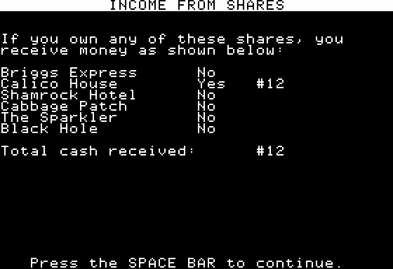 Goldfields (Apple II) screenshot: Income from Shares