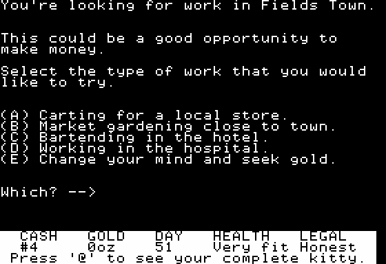 Goldfields (Apple II) screenshot: Looking for a Job